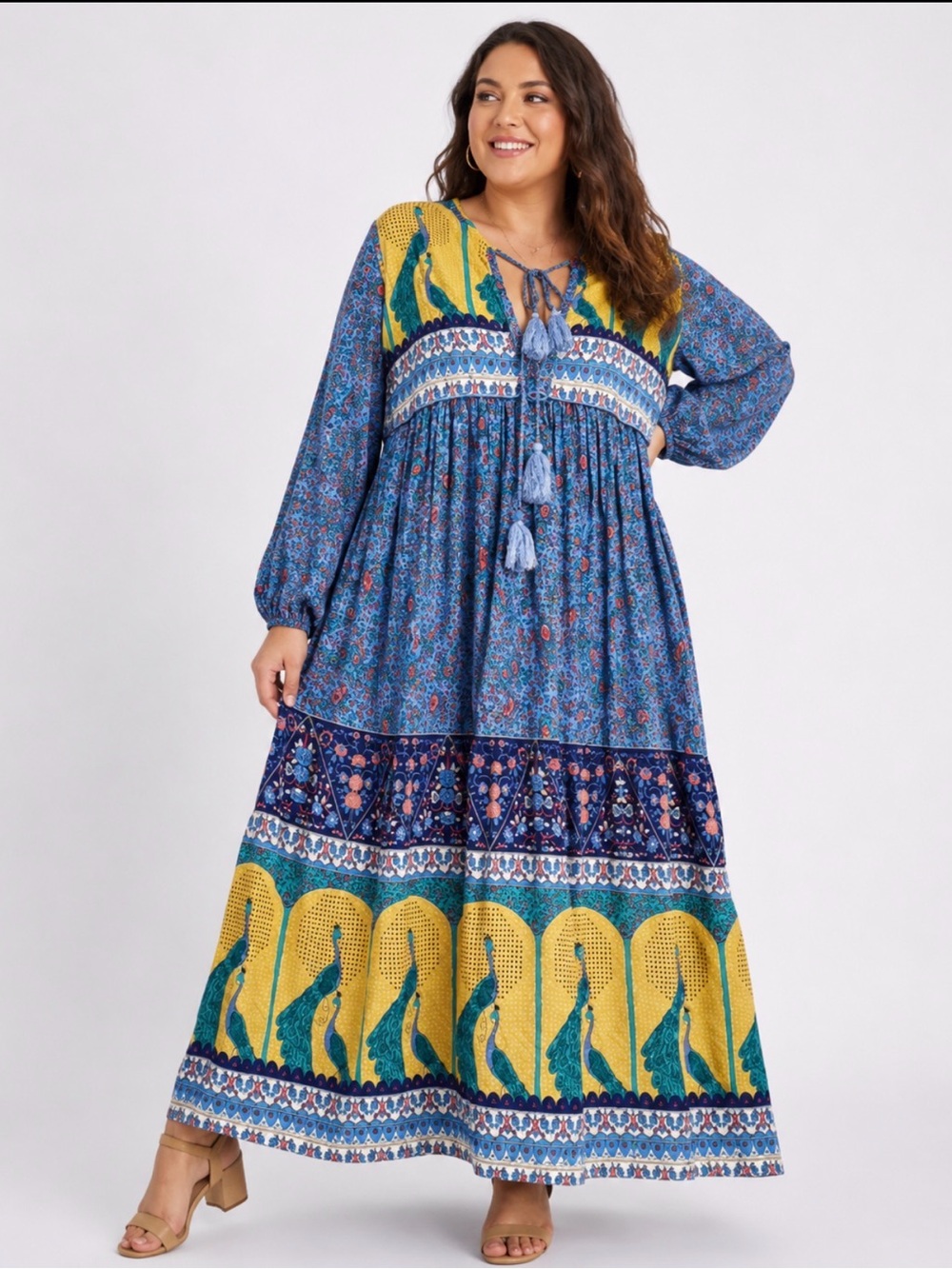 Boho Blue and Yellow Printed Maxi Dress with Tassel Tie
